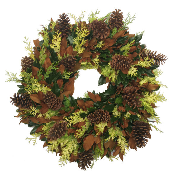 Bright autumn wreath made of pinecones, dried leaves, and greenery, perfect for seasonal home decor.