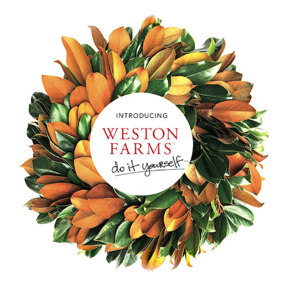 Weston Farms logo surrounded by a magnolia flower wreath, eco-friendly branding.