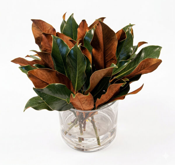 Magnolia leaves in a glass vase, fresh and dried foliage for decoration or crafts.
