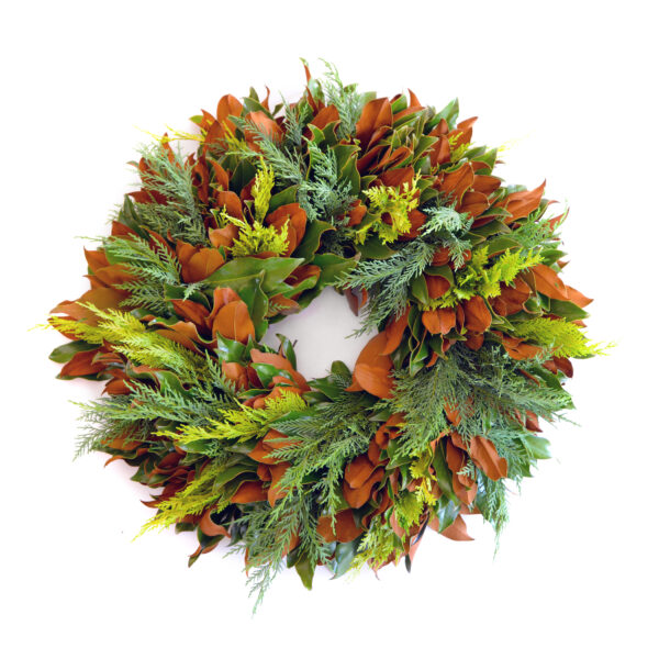 Festive autumn wreath with green and brown foliage for seasonal decor.