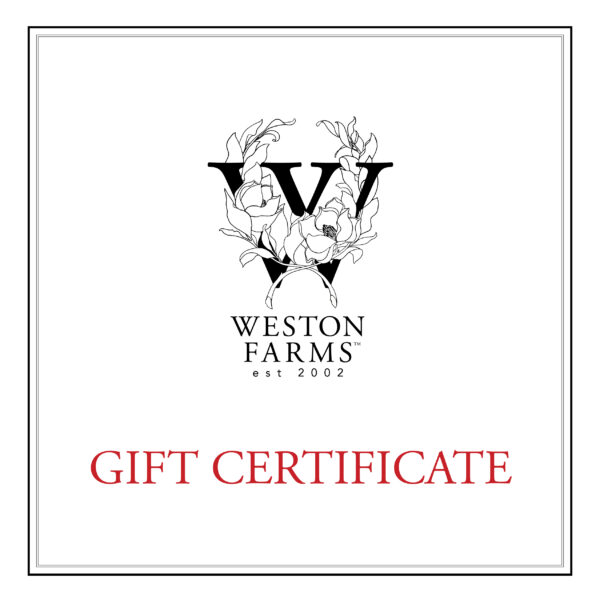 Elegant Weston Farms gift certificate with floral logo and established date, ideal for farm-to-table.