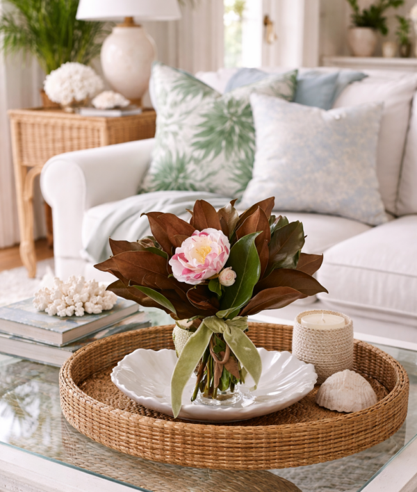 A lush floral arrangement with pink peony and green leaves in a glass vase on a wicker tray.