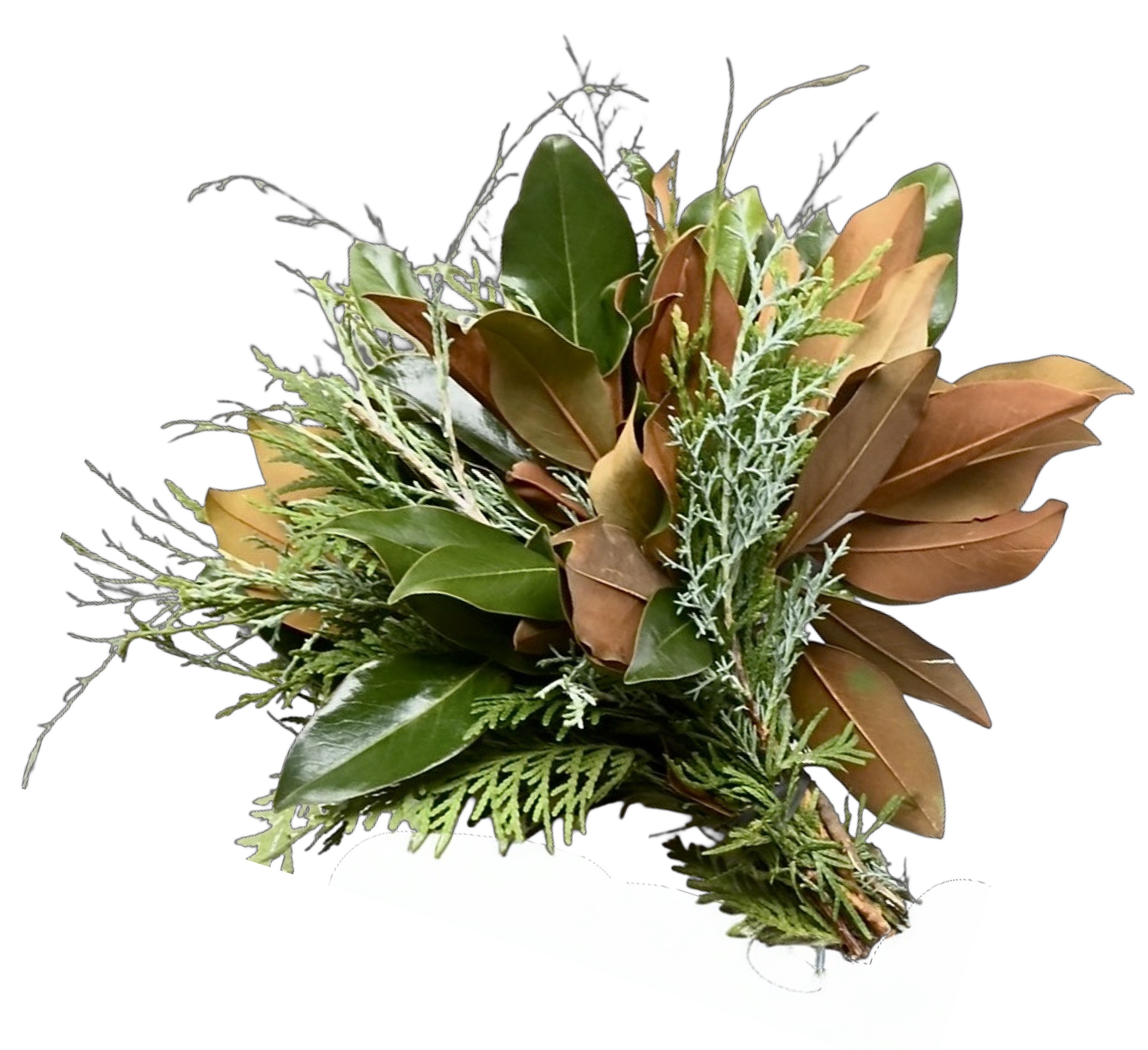 Elegant greenery bouquet with magnolia and cedar leaves for Brooke's Bank Bouquets.