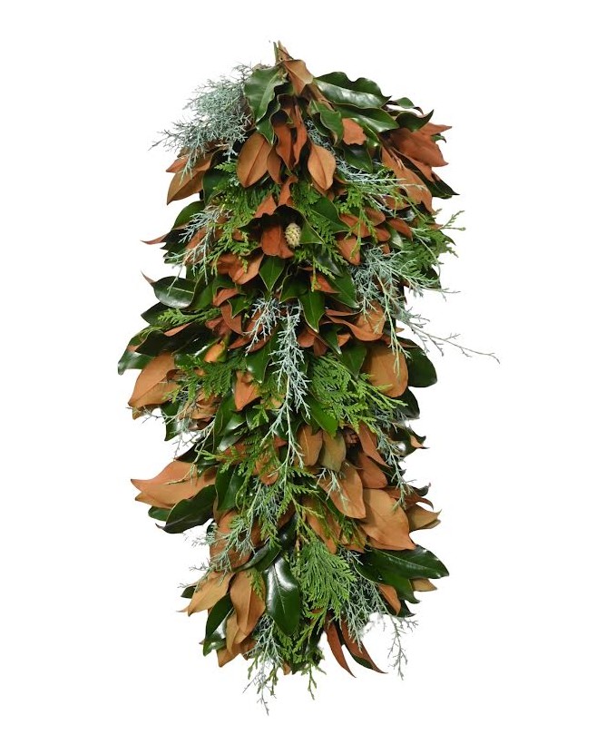 Festive holiday garland with green and brown foliage and silver accents.